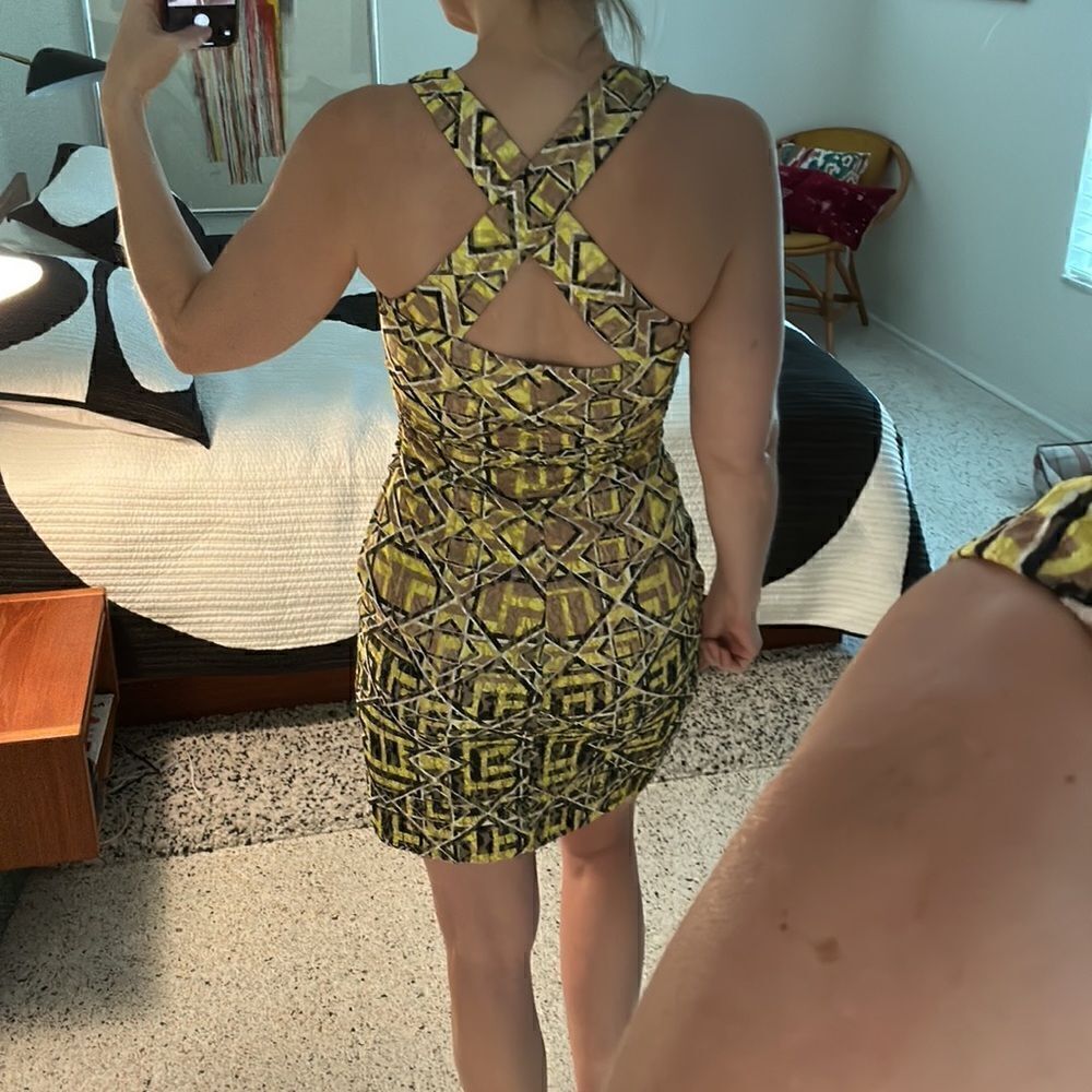 Phoebe Couture dress small s yellow green brown geometric print stretch